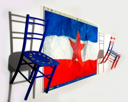 IT HAPPENED IN THE BALKANS, 2006, wooden objects and oil on canvas, 315x170 cm, triptych next